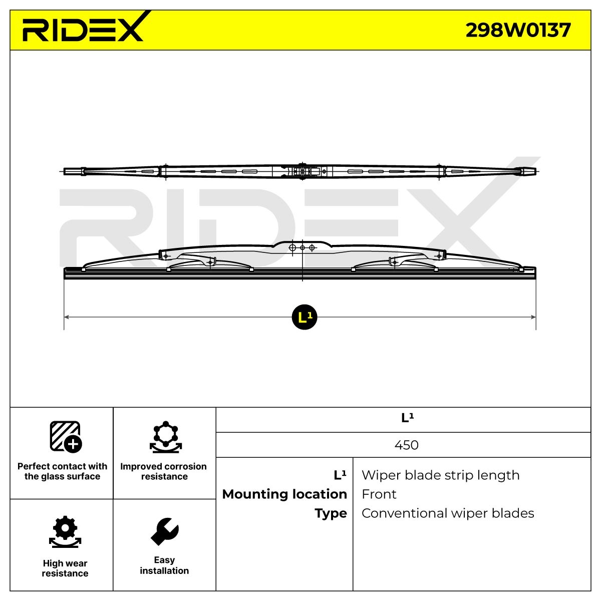 298W0137 RIDEX Scheibenwischer 450 mm vorne, Bügelwischblatt ohne