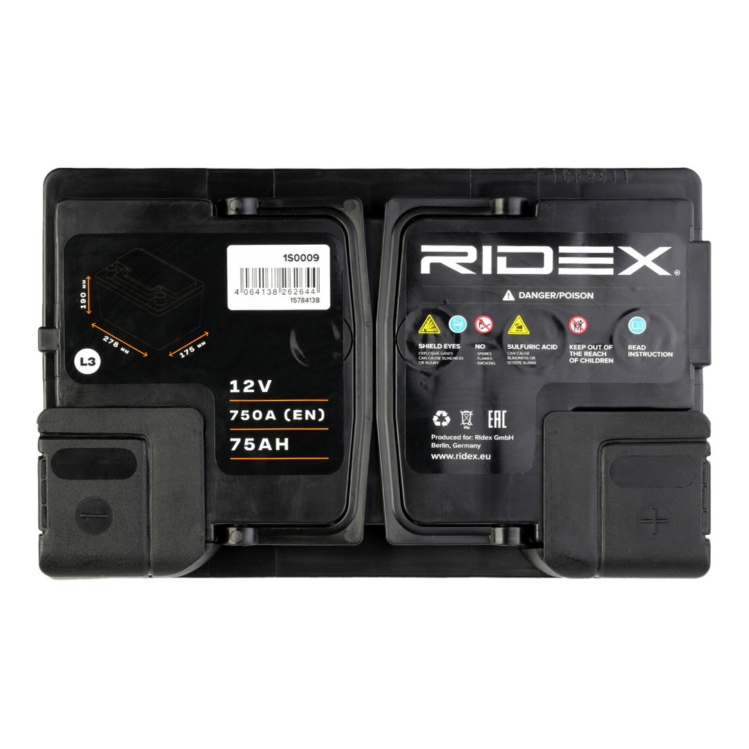 1S0009 RIDEX Batterie 12V 75Ah 750A B13 Batterie au plomb, sans