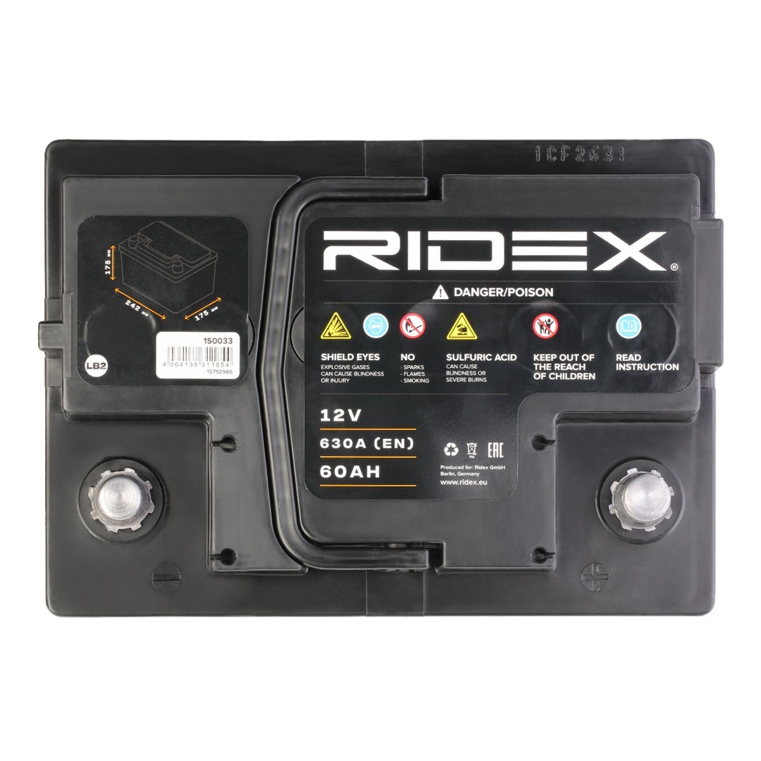 1S0033 RIDEX Batterie 12V 61Ah 630A B13 LB2 Batterie au plomb, avec  poignets, sans jauge de niveau 1S0033 ❱❱❱ prix et expérience