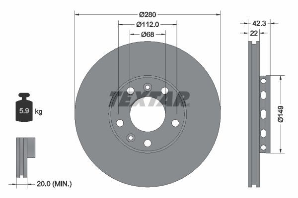 TEXTAR  92152203 Disco freno Spessore disco freno: 22mm, Ø: 280mm, Ø: 280mm