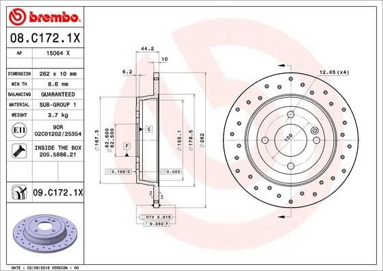 BREMBO XTRA LINE 08.C172.1X Disco de freno Espesor disco freno: 10mm, Núm. orificios: 4, Ø: 262mm, Ø: 262mm
