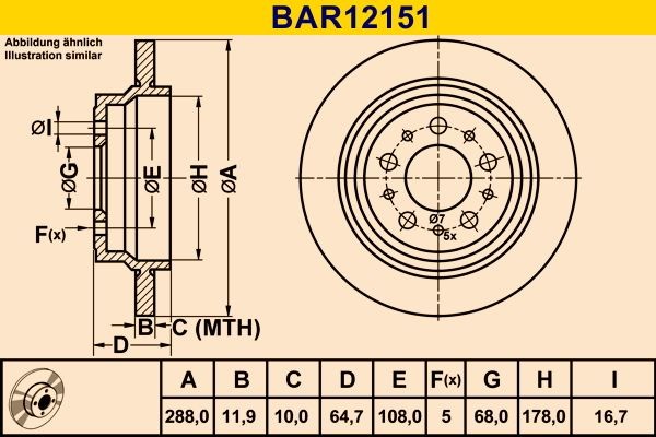 Barum  BAR12151 Disco  freno Spessore disco freno: 12,0mm, N° fori: 5, Ø: 288,0mm, Ø: 288,0mm