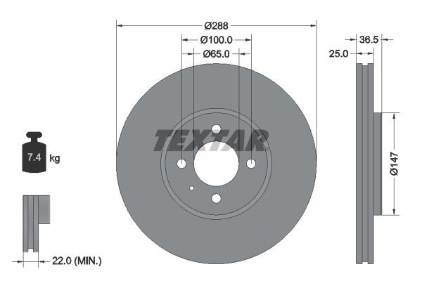 TEXTAR  92302303 Bremsscheibe Bremsscheibendicke: 25mm, Ø: 288mm, Ø: 288mm