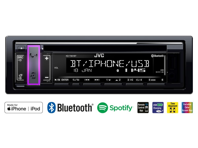 KD-T801BT JVC Autoradio Spotify, Bluetooth, CD/USB/AUX, 1 DIN