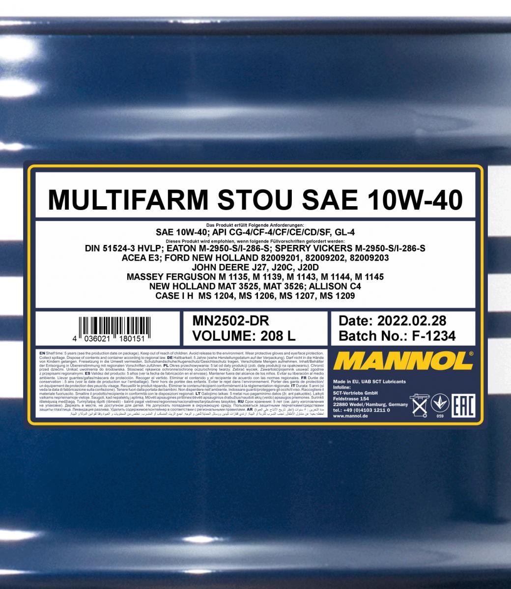 MANNOL Multifarm STOU 10W-40 API GL-4 208l
