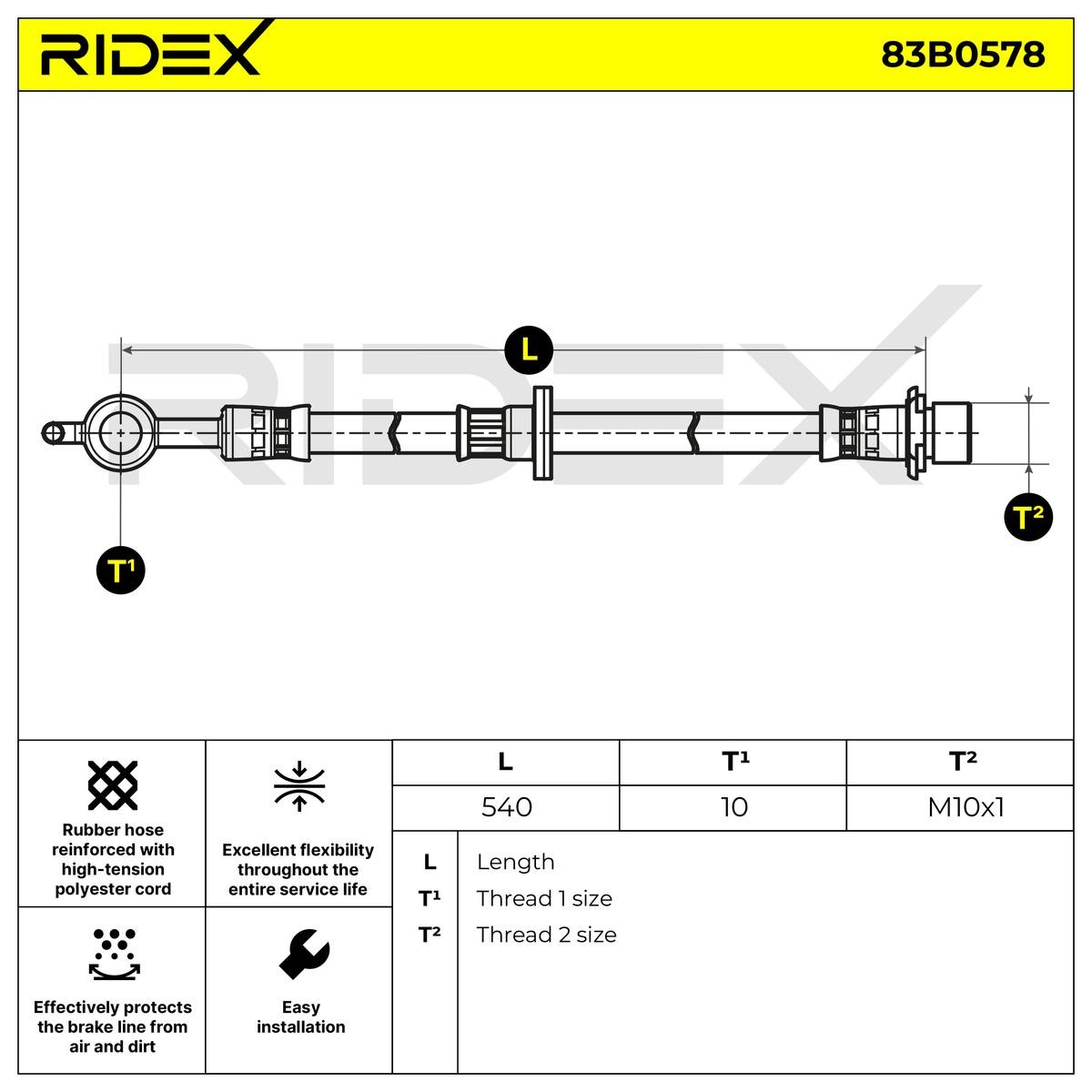 Image of RIDEX Tubi Freno Assale anteriore Dx 83B0578 Flessibile del freno TOYOTA,Yaris Schrägheck (_P9_),Yaris Schrägheck (_P1_),Yaris Verso (_P2_)