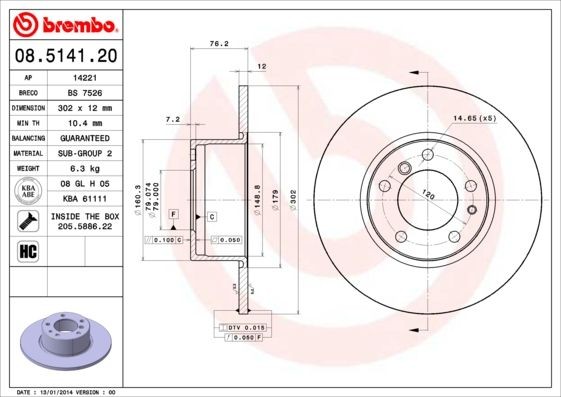 BREMBO 08.5141.20 Disco freno Spessore disco freno: 12mm, N° fori: 5, Ø: 302mm, Ø: 302mm