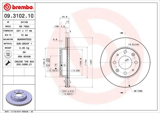 BREMBO 09.3102.10 Disco freno Spessore disco freno: 17mm, N° fori: 4, Ø: 231mm, Ø: 231mm