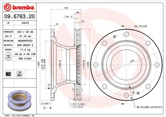 BREMBO 09.6763.20 Disco freno Spessore disco freno: 30mm, N° fori: 8, Ø: 322mm, Ø: 322mm