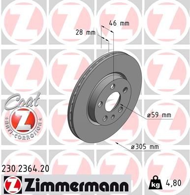 ZIMMERMANN COAT Z 230.2364.20 Disco  freno Spessore disco freno: 20mm, Cerchione: 5-fori, Ø: 257mm, Ø: 257mm