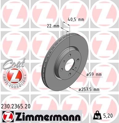 ZIMMERMANN COAT Z 230.2365.20 Disco  freno Spessore disco freno: 22mm, Cerchione: 4-fori, Ø: 258mm, Ø: 258mm