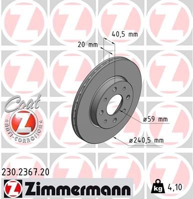 ZIMMERMANN COAT Z 230.2367.20 Disco  freno Spessore disco freno: 20mm, Cerchione: 4-fori, Ø: 240mm, Ø: 240mm