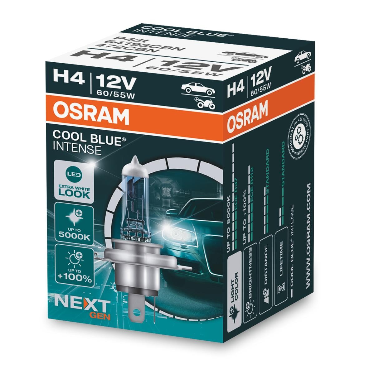 Image of OSRAM Lampade COOL blu® INTENSE (Next Gen) H4 64193CBN Lampadina, Faro di profondità VW,AUDI,MERCEDES-BENZ,Polo Schrägheck (6R1, 6C1)009