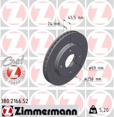 ZIMMERMANN SPORT COAT Z 380.2166.52 Disco  freno Spessore disco freno: 24mm, Cerchione: 4-fori, Ø: 256mm, Ø: 256mm