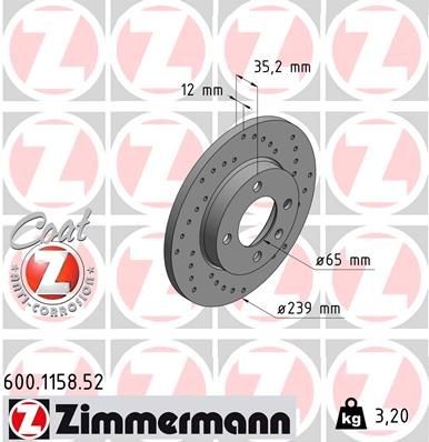 ZIMMERMANN SPORT COAT Z 600.1158.52 Disco  freno Spessore disco freno: 12mm, Cerchione: 4-fori, Ø: 239mm, Ø: 239mm