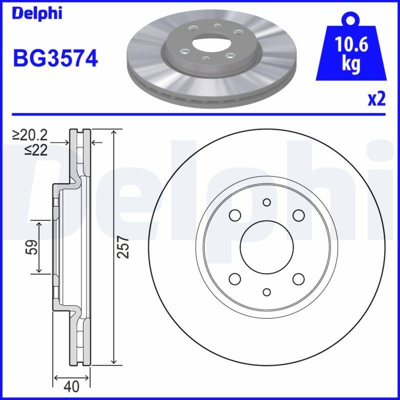 DELPHI  BG3574 Disco  freno Spessore disco freno: 22mm, N° fori: 4, Ø: 257mm, Ø: 257mm