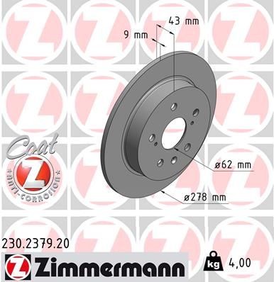 ZIMMERMANN COAT Z 230.2379.20 Bremsscheibe Bremsscheibendicke: 9mm, Felge: 5-loch, Ø: 278mm, Ø: 278mm