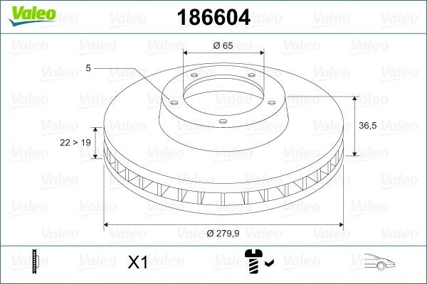 VALEO 186604 Disco de travão Espessura do disco de travão: 22mm, Jante: 5furos, Ø: 280mm, Ø: 280mm