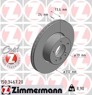 ZIMMERMANN COAT Z 150.3467.20 Disco freno Spessore disco freno: 24mm, Cerchione: 5-fori, Ø: 312mm, Ø: 312mm