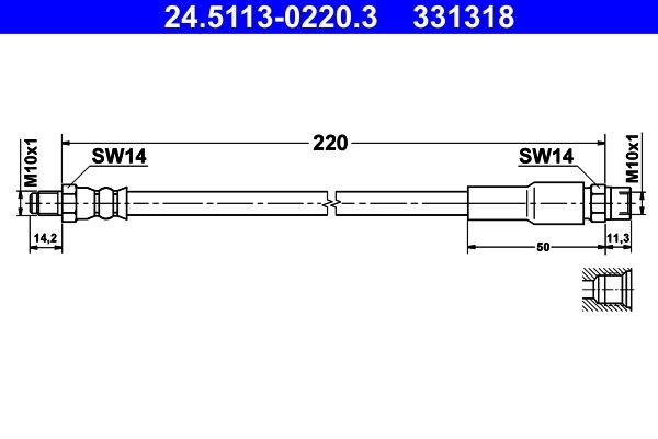 ATE  24.5113-0220.3 Bremsschlauch Länge: 215 mm, Innengewinde: M10x1mm, Außengewinde: M10x1mm