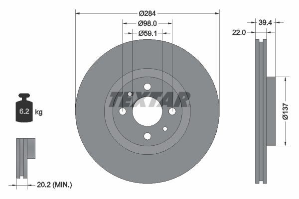 TEXTAR  92055200 Disco freno Spessore disco freno: 22mm, Ø: 284mm, Ø: 284mm