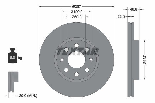 TEXTAR  92145700 Disco  freno Spessore disco freno: 22mm, Ø: 257mm, Ø: 257mm