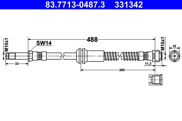 ATE  83.7713-0487.3 Bremsschlauch Länge: 488 mm, Innengewinde: M10x1mm, Außengewinde: M10x1mm