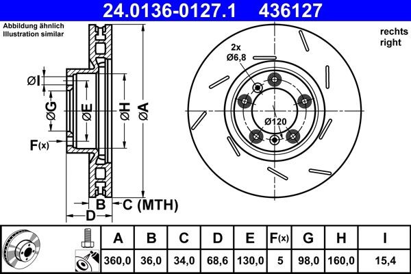 ATE  24.0136-0127.1 Disco  freno Spessore disco freno: 36,0mm, N° fori: 5, Ø: 360,0mm, Ø: 360,0mm