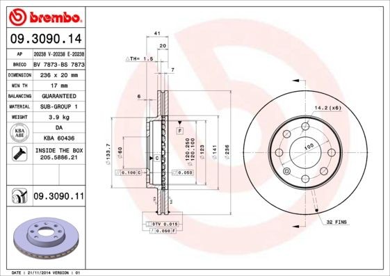 BREMBO COATED DISC LINE 09.3090.11 Disco freno Spessore disco freno: 20mm, N° fori: 4, Ø: 236mm, Ø: 236mm
