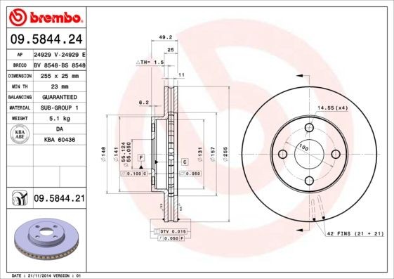 BREMBO COATED DISC LINE 09.5844.21 Disco freno Spessore disco freno: 25mm, N° fori: 4, Ø: 255mm, Ø: 255mm