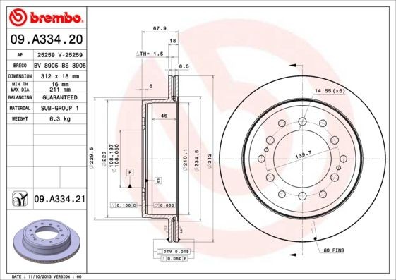 BREMBO COATED DISC LINE 09.A334.21 Disco freno Spessore disco freno: 18mm, N° fori: 6, Ø: 312mm, Ø: 312mm