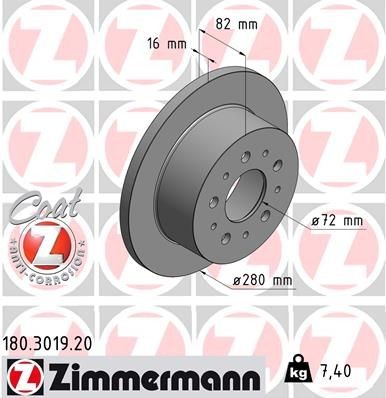 ZIMMERMANN COAT Z 180.3019.20 Disco  freno Spessore disco freno: 16mm, Cerchione: 5-fori, Ø: 280mm, Ø: 280mm