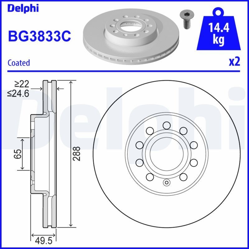 DELPHI  BG3833C Disco  freno Spessore disco freno: 25mm, N° fori: 5, Ø: 288mm, Ø: 288mm