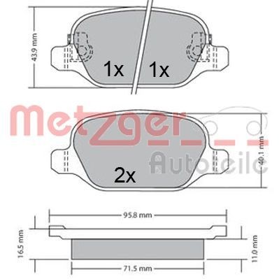 METZGER 1170680 Bremsbeläge Breite: 95,6mm, Höhe: 43,7mm, Dicke/Stärke: 17mm
