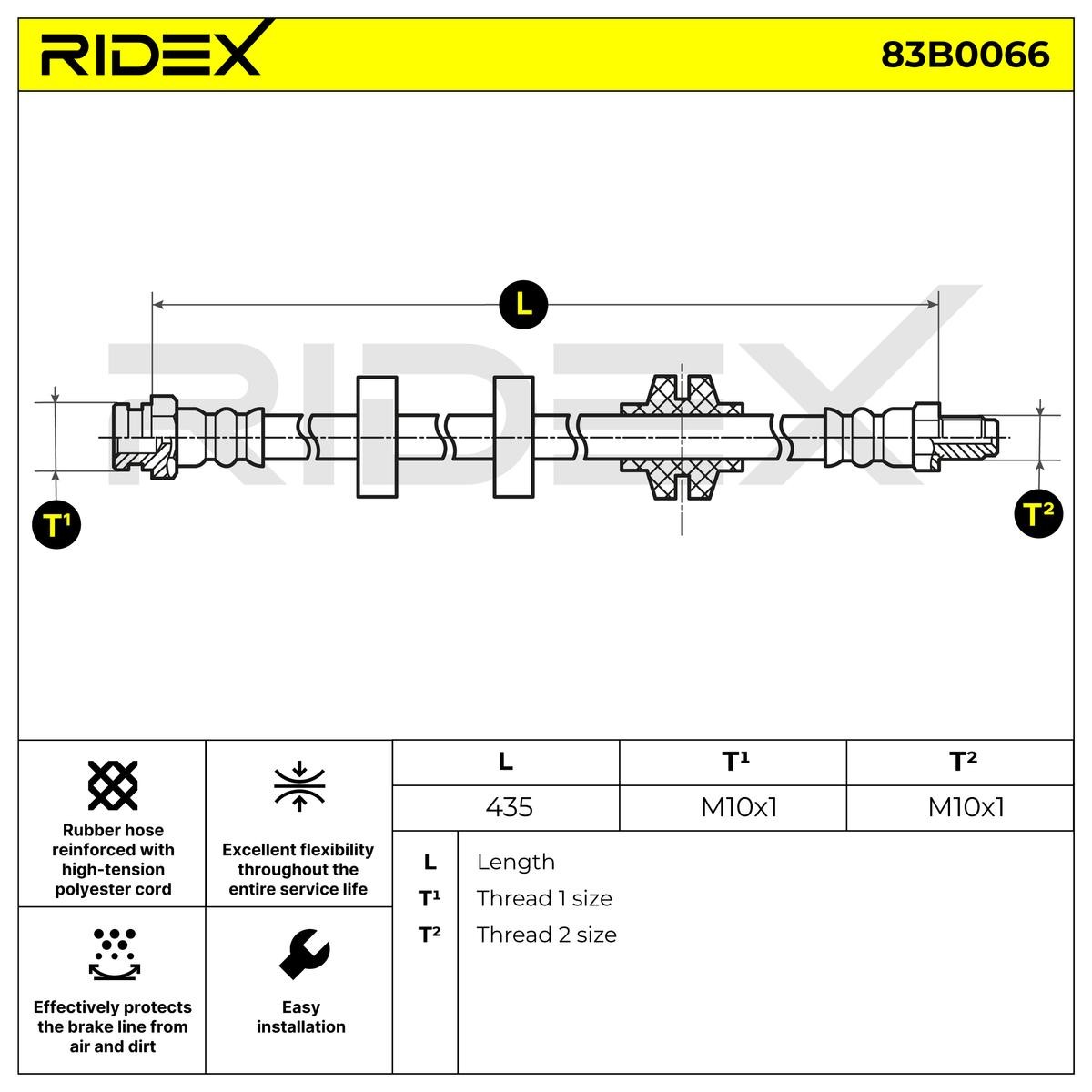 RIDEX  83B0066 Brzdová hadice Délka: 435 mm, Rozměr závitu 1: OUT. M10x1, Rozměr závitu 2: INN. M10x1