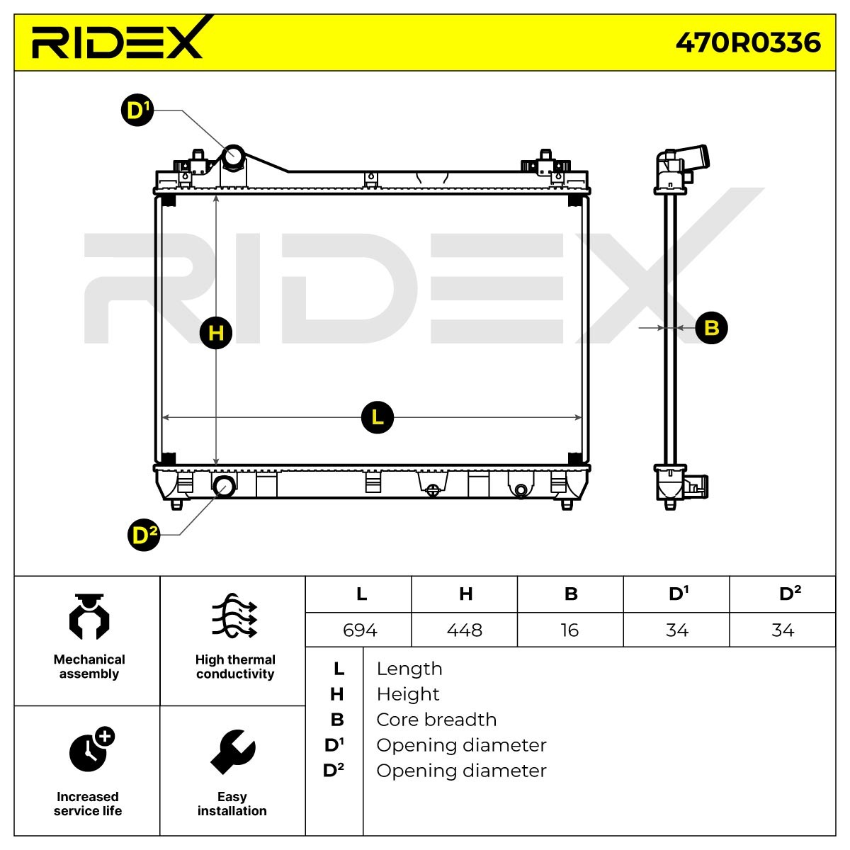 470R0336 RIDEX Radiateur du moteur Aluminium, pour véhicules avec