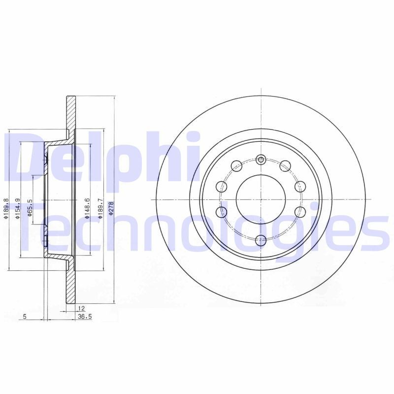 DELPHI  BG3731C Brzdový kotouč Zesílený brzdový kotouč: 12mm, Počet děr: 5, R: 278mm, R: 278mm