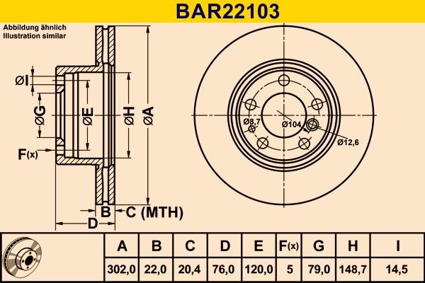 Barum  BAR22103 Bremsscheibe Bremsscheibendicke: 22,0mm, Lochanzahl: 5, Ø: 302,0mm, Ø: 302,0mm