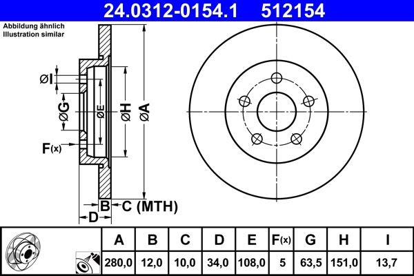 ATE PowerDisc 24.0312-0154.1 Bremsscheibe Bremsscheibendicke: 12,0mm, Lochanzahl: 5, Ø: 280,0mm, Ø: 280,0mm
