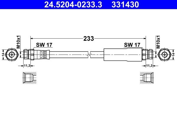 ATE  24.5204-0233.3 Bremsschlauch Länge: 233 mm, Innengewinde 1: M10x1mm, Innengewinde 2: M10x1mm