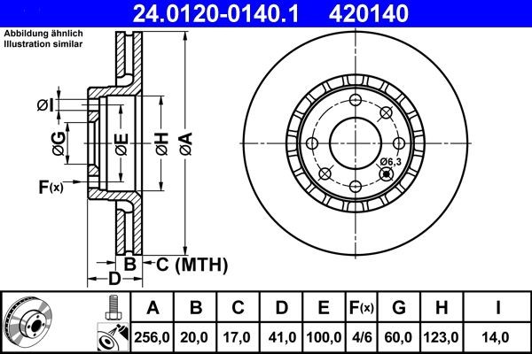 ATE  24.0120-0140.1 Disco  freno Spessore disco freno: 20,0mm, N° fori: 4, Ø: 256,0mm, Ø: 256,0mm