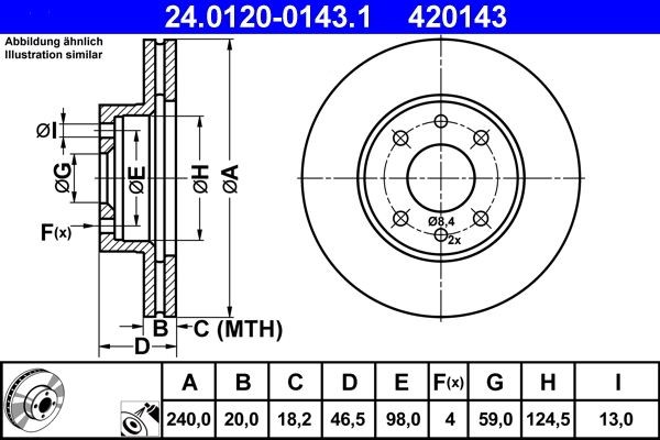 ATE  24.0120-0143.1 Disco  freno Spessore disco freno: 20,0mm, N° fori: 4, Ø: 240,0mm, Ø: 240,0mm