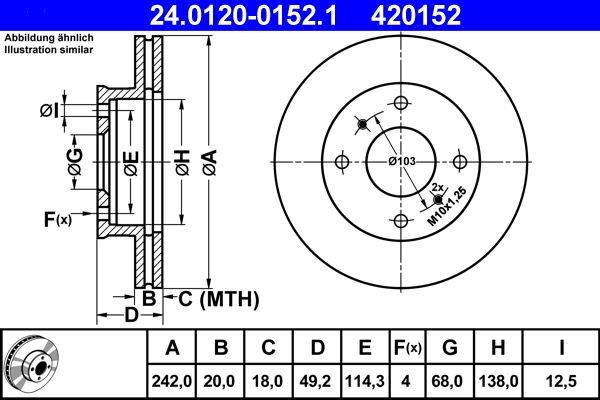 ATE  24.0120-0152.1 Disco  freno Spessore disco freno: 20,0mm, N° fori: 4, Ø: 242,0mm, Ø: 242,0mm