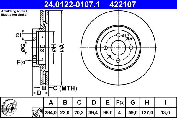 ATE 24.0122-0107.1 Disco freno Spessore disco freno: 22,0mm, N° fori: 4, Ø: 284,0mm, Ø: 284,0mm