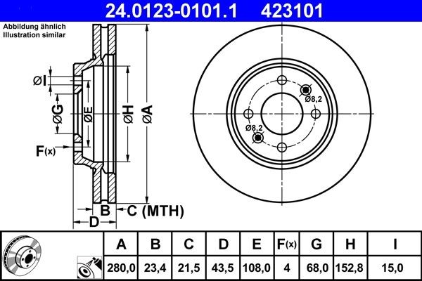 ATE  24.0123-0101.1 Disco  freno Spessore disco freno: 23,4mm, N° fori: 4, Ø: 280,0mm, Ø: 280,0mm