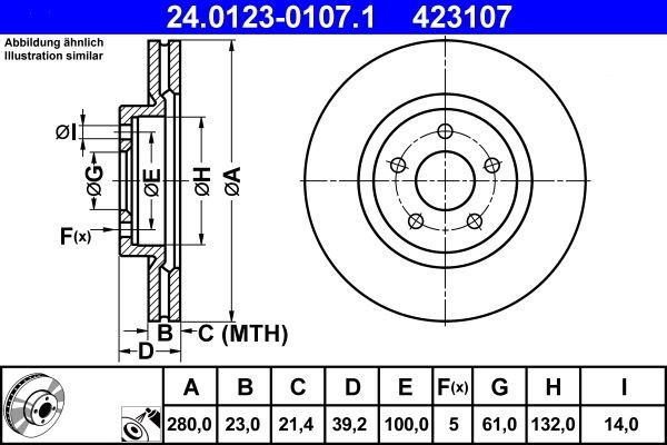 ATE  24.0123-0107.1 Disco  freno Spessore disco freno: 23,0mm, N° fori: 5, Ø: 280,0mm, Ø: 280,0mm