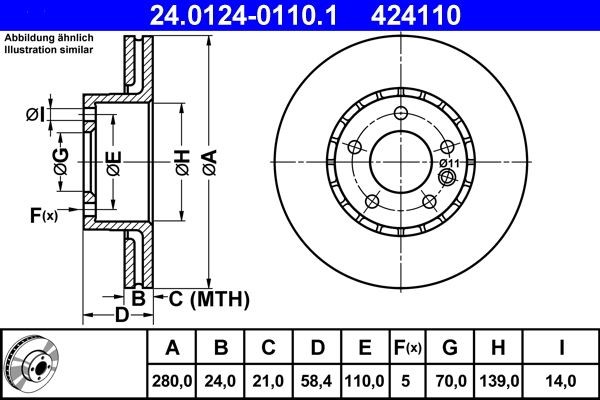ATE  24.0124-0110.1 Disco freno Spessore disco freno: 24,0mm, N° fori: 5, Ø: 280,0mm, Ø: 280,0mm