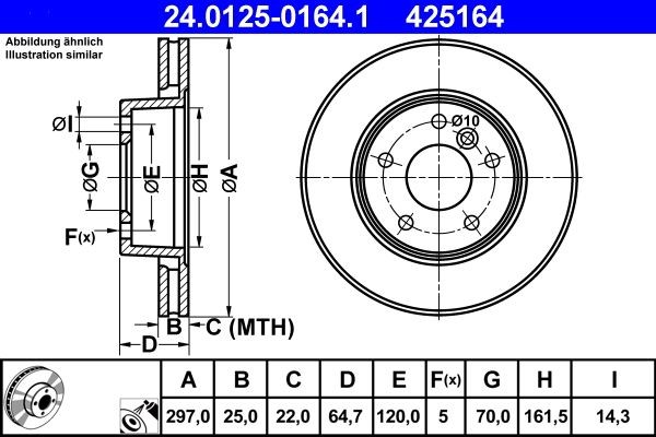 ATE  24.0125-0164.1 Disco  freno Spessore disco freno: 25,0mm, N° fori: 5, Ø: 297,0mm, Ø: 297,0mm