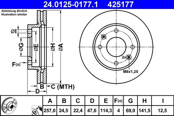 ATE  24.0125-0177.1 Disco  freno Spessore disco freno: 24,5mm, N° fori: 4, Ø: 257,0mm, Ø: 257,0mm