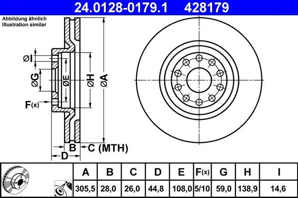 ATE  24.0128-0179.1 Disco  freno Spessore disco freno: 28,0mm, N° fori: 5, Ø: 305,5mm, Ø: 305,5mm